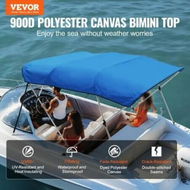 Detailed information about the product 4 Bow Bimini Top Boat Cover, 900D Polyester Canopy with 1 Aluminum Alloy Frame, Waterproof and Sun Shade, Includes Storage Boot, 2 Support Poles, 4 Straps, 8'L x 54H x 91-96W, Pacific Blue