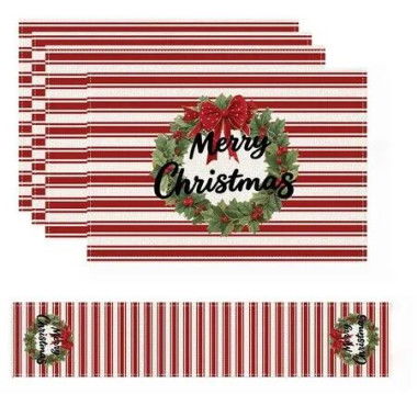4 Christmas Placemats And 1 Table Runner,Washable Wipeable Polyester Table Runner Placemat,For Kitchen Dining Table Christmas Party Decor