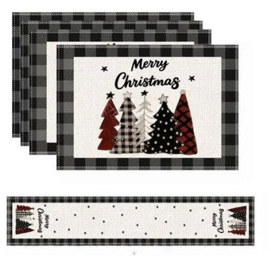 4 Christmas Placemats And 1 Table Runner,Washable Wipeable Polyester Table Runner Placemat,For Kitchen Dining Table Christmas Party Decor