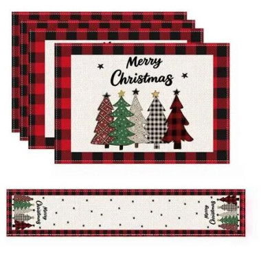4 Christmas Placemats And 1 Table Runner,Washable Wipeable Polyester Table Runner Placemat,For Kitchen Dining Table Christmas Party Decor