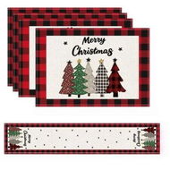 Detailed information about the product 4 Christmas Placemats And 1 Table Runner,Washable Wipeable Polyester Table Runner Placemat,For Kitchen Dining Table Christmas Party Decor
