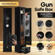 Detailed information about the product 4 Gun Safe Cabinet Digital Keypad Steel Firearm Storage Lock Box Shelf 4 Rifles 2 Pistol Holder Locking Drawer LED Light Dual Alarm System 140x28x25cm