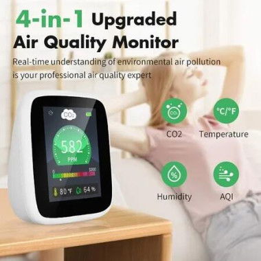 4-in-1 Indoor Air Quality Monitor with CO2 Detection, Temperature, and Humidity Readings