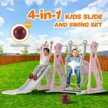 4 in 1 Slide Swing Set Kids Ladder Steps Climber Basketball Hoop Activity Playground Centre Freestanding Indoor Outdoor Toy Playset