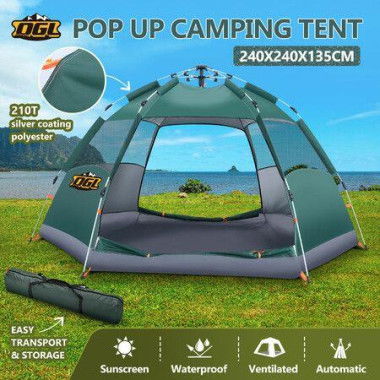 4 Man Beach Tent Shelter Instant Pop Up Camping Family Dome Sun Shade Hiking Picnic Outdoor 240x240x135cm Green OGL