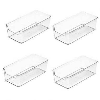 4 Pack Stackable Pantry Organizer Bins For Kitchen Freezer Countertops Cabinets - Plastic Food Storage Container With Handles For Home And Office 19.6*9.5*6.2CM