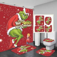 Detailed information about the product 4 Pcs Christmas Grinch Shower Curtain Rug Bath Mat Toilet Lid Cover for Bathroom Decorations