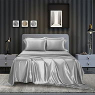 Detailed information about the product 4-Piece Satin Bedding Sheet Pillowcase Sets - Luxury Rich Silk Silky Super Soft Solid Color Reversible Stain-Resistant Wrinkle-Free (Light Grey)