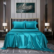 Detailed information about the product 4-Piece Satin Bedding Sheet Pillowcase Sets - Luxury Rich Silk Silky Super Soft Solid Color Reversible Stain-Resistant Wrinkle-Free (Teal)