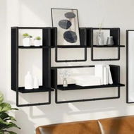 Detailed information about the product 4 Piece Wall Shelf Set with Bars Black Engineered Wood