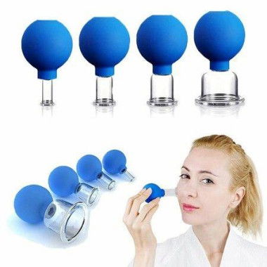 4-Piece Glass Cupping Set Silicone Massage Vacuum Suction Cups For Body Face Leg Arm Back Shoulder Muscle (Blue)