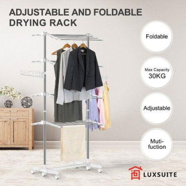 4 Tier Clothes Airer Clothing Drying Rack Cloth Coat Pants Hanger Portable Standing Foldable Laundry Holder Stand With Shelves And Wheels