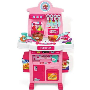 40 Piece Pink Kitchen Playset with Real Sounds and Light Kids Pretend Food Toy Accessories Set for Outdoor Play