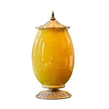40.5 Cm Ceramic Oval Flower Vase With Gold Metal Base Yellow.