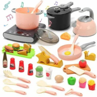 41 Piece Children Kid Pretend Play Toy Kitchen Set Touch Sound Music Cooking Tools Cake Cut Fruit Christmas Birthday Gift