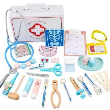 42 Piece Wooden Doctor Nurse Medical Game Set Doctor Pretend Play Toys With Stethoscope Syringe Tooth Model Portable Storage Case