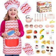 Detailed information about the product 45PCS Kids Chef Apron Hat Kids Role Play Costume Dress Up Bakery Toys Pretend Play Cooking Baking Tea Party