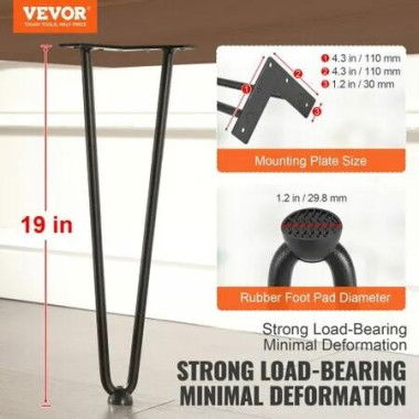 482.6MM Hairpin Furniture Legs, Metal Home DIY Projects for Nightstand, Coffee Table, Desk, 226.8KG Load Capacity with Rubber Floor Protectors, Metal Heavy Duty Sturdy Modern Table Legs, 4PCS