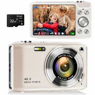 Detailed information about the product 48MP Digital Camera Kids Gold 1080P HD Macro Mode Flash 16X Zoom Anti-Shake Point Shoot 2.88-Inch IPS Screen 32GB SD Teens Gift Compact