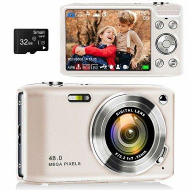 48MP Point and Shoot Digital Camera with Macro Mode,1080P HD Compact Digital Camera with Flash 16x Zoom Anti Shake 2.88 Inch IPS Screen Small Digital Camera 32GB SD Card (Gold)