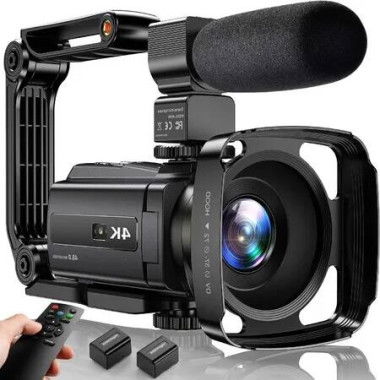 48MP UHD 4K Video Camera Camcorder with WiFi,16X Digital Zoom,Night Vision,Touchscreen,Microphone,Handheld Stabilizer,Lens Hood,Remote,2 Batteries for Professional Vlogging and Content Creation