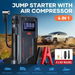 4IN1 Car Jump Starter Pack 12V Portable Tyre Inflator Battery Charger Handheld Power Bank Compact Air Compressor Pump Booster with LED Lights. Available at Crazy Sales for $49.95