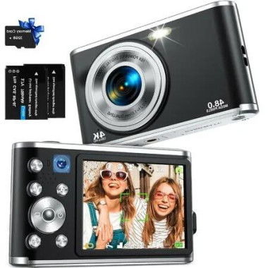 4K Auto Focus Digital Camera: 48MP Dual Camera with 16X Zoom, 32GB Card for Vlogging, Kids, and Beginners (Black)