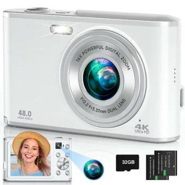 4K Digital Camera, 48MP Autofocus Kids Camera Selfie with Front and Rear Dual Lenses, 32GB Card,16X Digital Zoom, Compact Travel Vlogging Video(White)