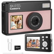 Detailed information about the product 4K Digital Camera, 64MP FHD Autofocus Compact Camera with 32G SD Card, 18X Digital Zoom, Portable Mini Camera for Beginners (Black Pink)