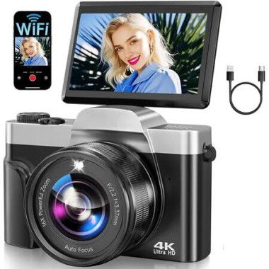 4K Digital Camera for Photography 64MP WiFi Vlogging Camera for YouTube Autofocus 3 inch 180 Degree Flip Screen 16X Zoom Compact Travel Cameras