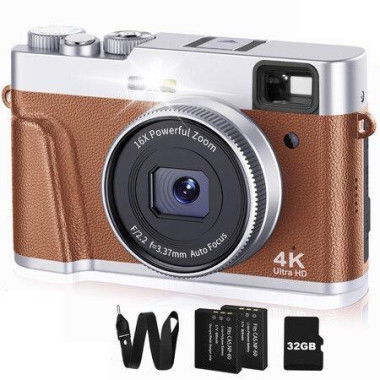 4K Digital Camera with 32G SD Card Autofocus, 48MP Vlogging Camera Anti-Shake, Compact Travel Camera 16X Zoom (2 Batteries)