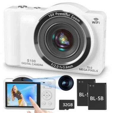 4K Digital Camera,WiFi 75MP Vlogging Cameras,Touchscreen Autofocus Point and Shoot Digital Camera with 16X Zoom,32GB Card,2 Batteries (White)
