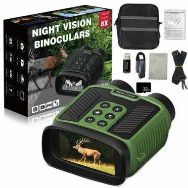 4K Night Vision Binoculars IR 8X Digital Zoom Rechargeable 3inch HD Screen 40MP Photos 4K Video Infrared Full Dark View Scope Color Green