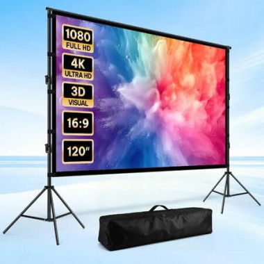 4K Projector Screen 120 Inch 16:9 Ultra HD Movie Foldable Portable Outdoor Home Office Cinema Theatre TV Front Rear Projection Tripod Stands Carry Bag