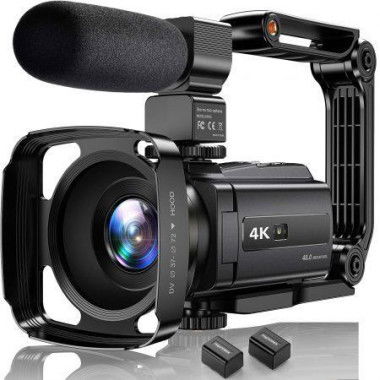 4K Video Camera Camcorder 48MP UHD WiFi IR Night Vision Vlogging Camera,16X Digital Zoom Touch Screen Camera Recorder with Microphone,Handheld Stabilizer,Lens Hood,Remote,2 Batteries