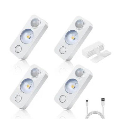 4Pcs LED Motion Sensor Puck Lights, Rechargeable Cabinet Lights, Stick on LED Night Light for Closet, Drawer, Shelf, Under Cabinet, Warm White