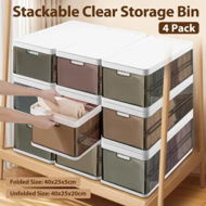 Detailed information about the product 4pcs Storage Boxes Bins Plastic Stackable Clear Shoe Containers Wardrobe for Handbag Clothes Foldable Organiser with Lids Partitions