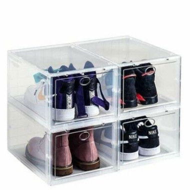 4pcs Storage Shoe Box Foldable Clear Sneaker Display Box Stackable Plastic Storage Bins 36X33X21CM