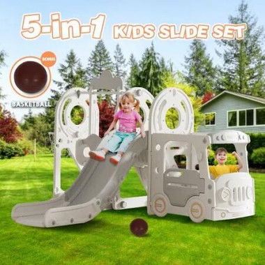 5 in 1 Slide Swing Set Kids Ladder Climber Steps Bus Playhouse Basketball Hoop Playground Activity Centre Playset Indoor Outdoor Toy