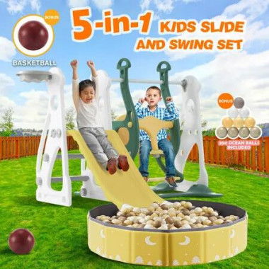 5 in 1 Slide Swing Set Kids Ladder Steps Climber Basketball Hoop Ball Pool Playground Activity Centre Toy Indoor Outdoor Playset