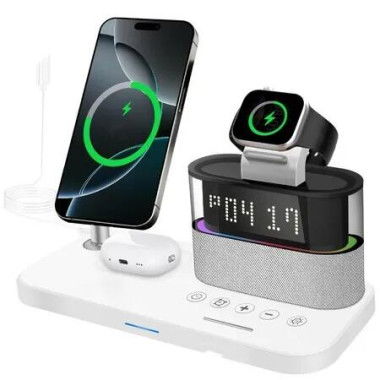5 in 1 Wireless Charger with Alarm Clock,Mag-Safe Charging Station,Magnitec Charger Stand for Cell Phones,Watches Headphones(White)