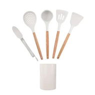 Detailed information about the product 5 PCS White Silicone Wooden Handle Kitchenware Set Food Grade High Temp Resistant Heat Insulation Spatula Shovel Soup Spoon Food Clip