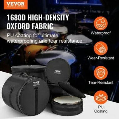 5-Piece Drum Bag Set 1680D Oxford Fabric Padded Drum Bags and Cases with 4.92 ft Detachable Shoulder Strap Carry Handles Foldable Design