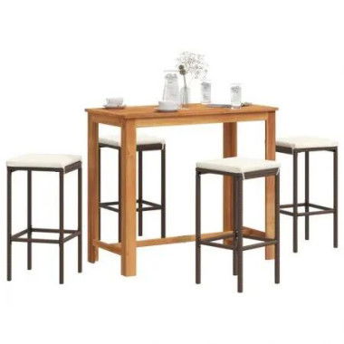 5 Piece Garden Bar Set Brown Solid Wood Acacia and Poly Rattan