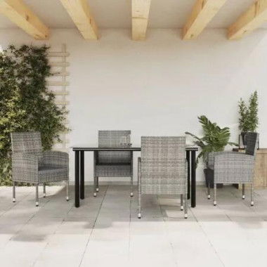 5 Piece Garden Dining Set Grey and Black Poly Rattan and Steel