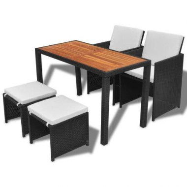 5 Piece Outdoor Dining Set Poly Rattan And Acacia Wood Black