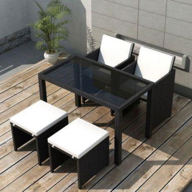 5 Piece Outdoor Dining Set With Cushions Poly Rattan Black