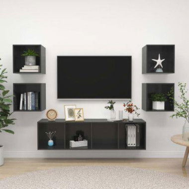 5 Piece TV Cabinet Set High Gloss Grey Chipboard