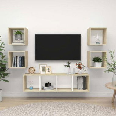 5 Piece TV Cabinet Set White And Sonoma Oak Chipboard