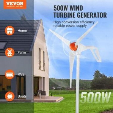 500W Wind Turbine Generator 12V Wind Turbine Kit 3-Blade Wind Power Generator with MPPT Controller Adjustable Windward Direction & 2.5m/s Start Wind Speed